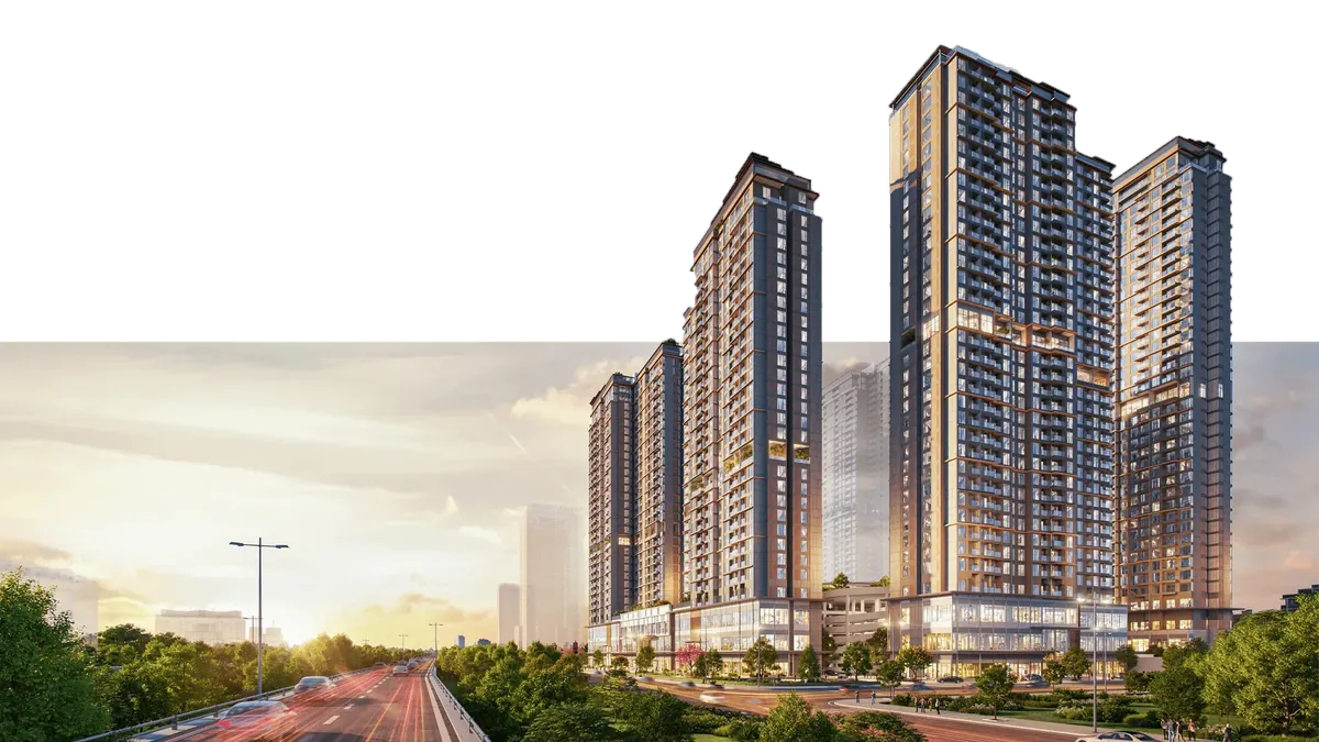 Phối cảnh các tòa tháp The Primavera bên cạnh trục đường ven khu đô thị Long Biên lúc hoàng hôn
