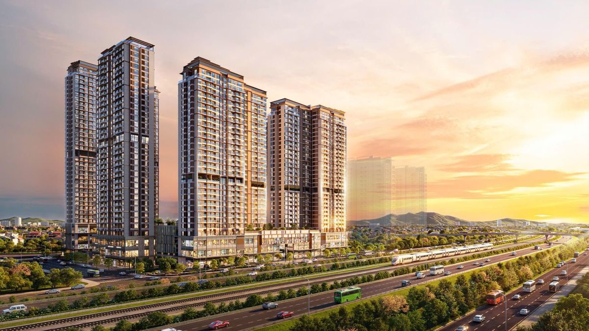 Tổ hợp căn hộ The Primavera nhìn từ trên cao với các tòa tháp cao tầng cạnh tuyến đường lớn