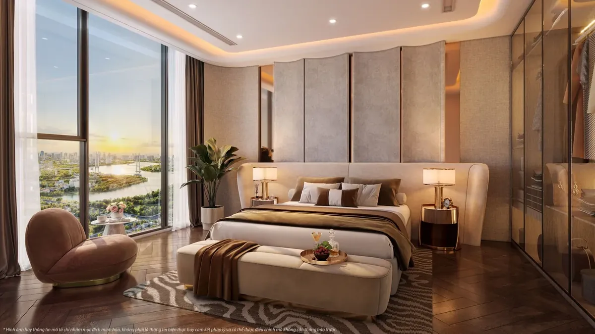 Phòng ngủ căn hộ Vlasta Premier Phú Thuận với cửa sổ toàn cảnh đón hoàng hôn
